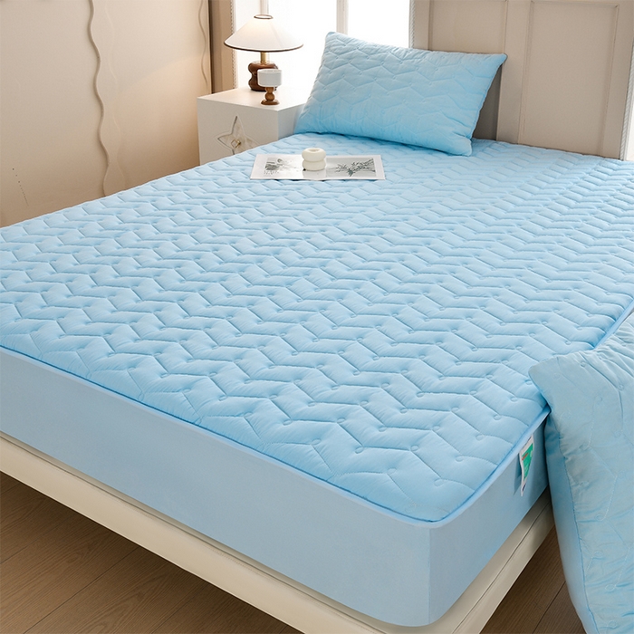 91家纺网 家纺一手货源 找家纺 衿成家纺 2025新款磨毛夹棉全包防水床笠 六面防水天蓝