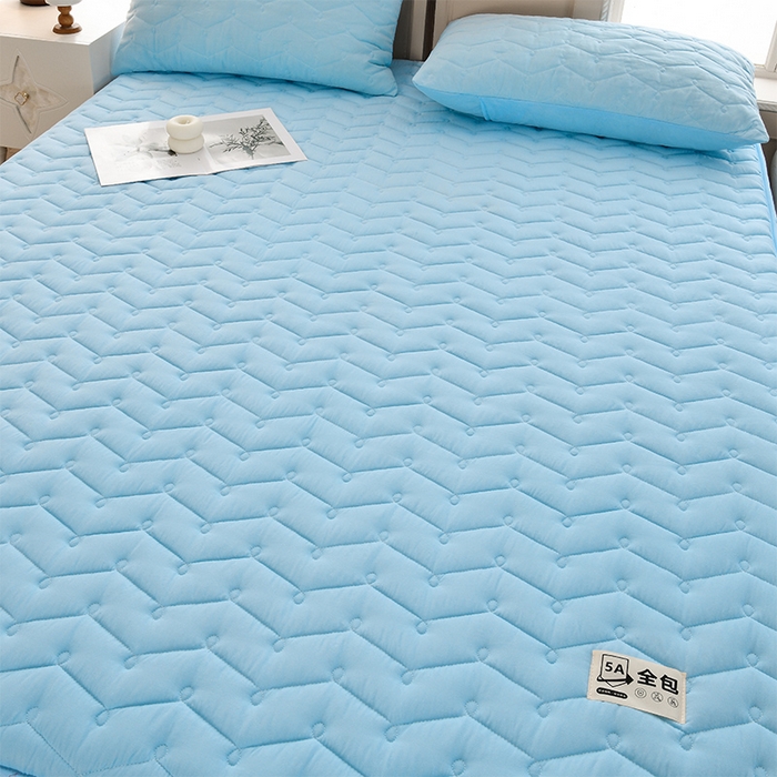 91家纺网 家纺一手货源 找家纺 衿成家纺 2025新款磨毛夹棉全包防水床笠 六面防水天蓝