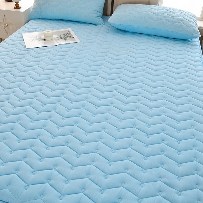 91家纺网 家纺一手货源 找家纺 衿成家纺 2025新款磨毛夹棉全包防水床笠 六面防水天蓝