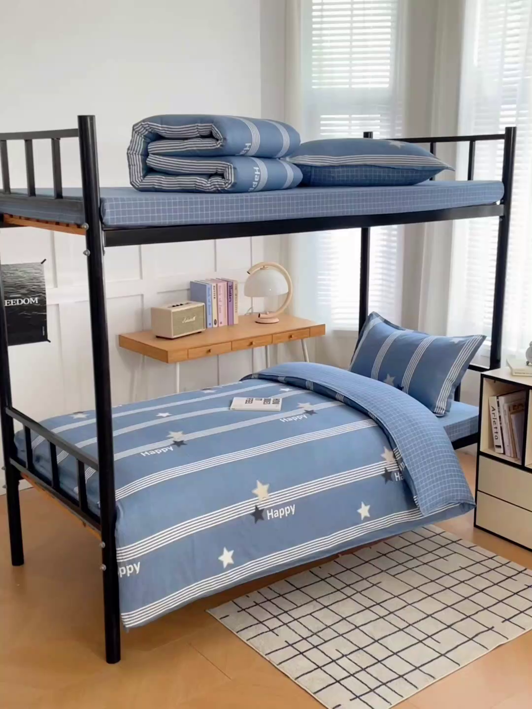 91家纺网 家纺一手货源 找家纺 锦润 2025新款印花12868全棉学生宿舍三件套纯棉六件套星晴-蓝