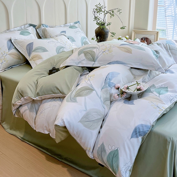 91家纺网 家纺一手货源 找家纺 悦织湾家纺 2025爆款上新【全棉60S长绒棉】100%全棉60S长绒棉四件套纯棉印花床上用品34件套轻奢北欧公主风 悦妍-绿