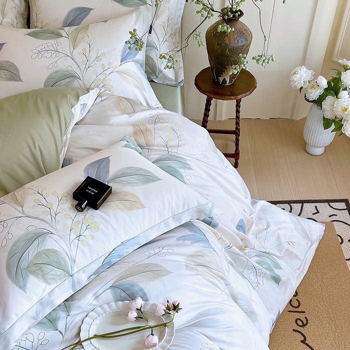 91家纺网 家纺一手货源 找家纺 悦织湾家纺 2025爆款上新【全棉60S长绒棉】100%全棉60S长绒棉四件套纯棉印花床上用品34件套轻奢北欧公主风 悦妍-绿