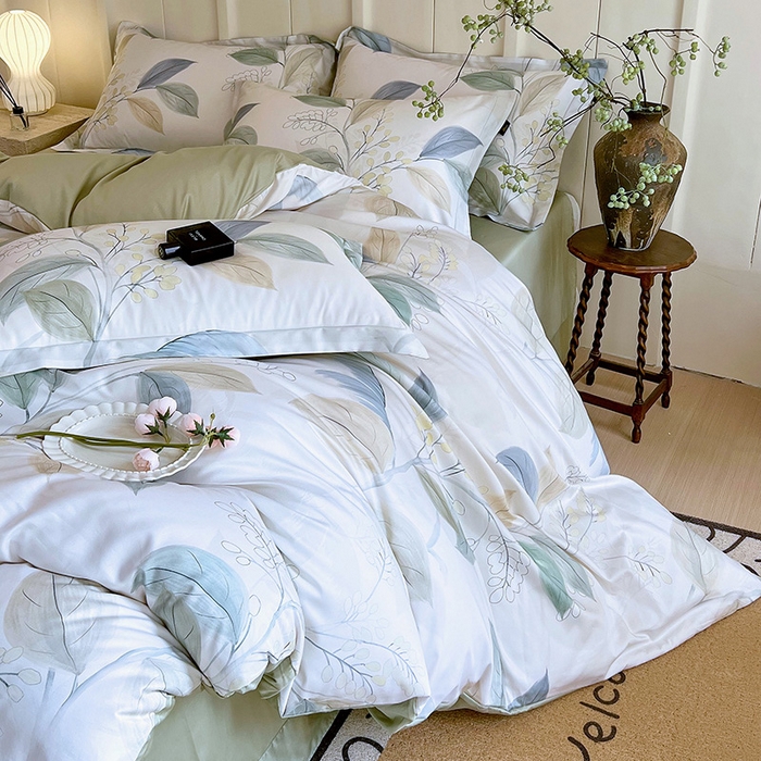 91家纺网 家纺一手货源 找家纺 悦织湾家纺 2025爆款上新【全棉60S长绒棉】100%全棉60S长绒棉四件套纯棉印花床上用品34件套轻奢北欧公主风 悦妍-绿