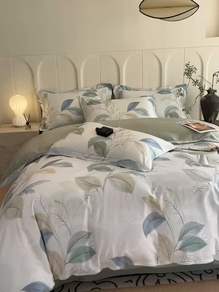 91家纺网 家纺一手货源 找家纺 悦织湾家纺 2025爆款上新【全棉60S长绒棉】100%全棉60S长绒棉四件套纯棉印花床上用品34件套轻奢北欧公主风 悦妍-绿