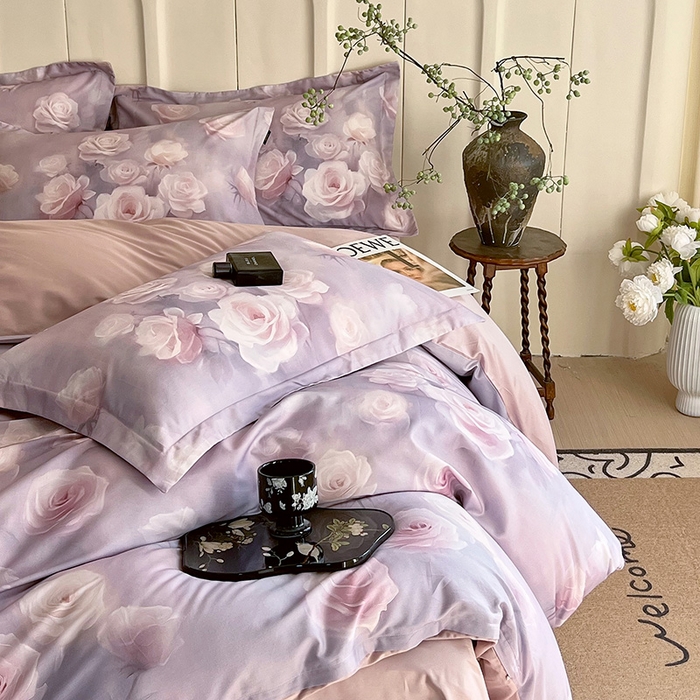 91家纺网 家纺一手货源 找家纺 悦织湾家纺 2025爆款上新【全棉60S长绒棉】100%全棉60S长绒棉四件套纯棉印花床上用品34件套轻奢北欧公主风 韵彩-紫