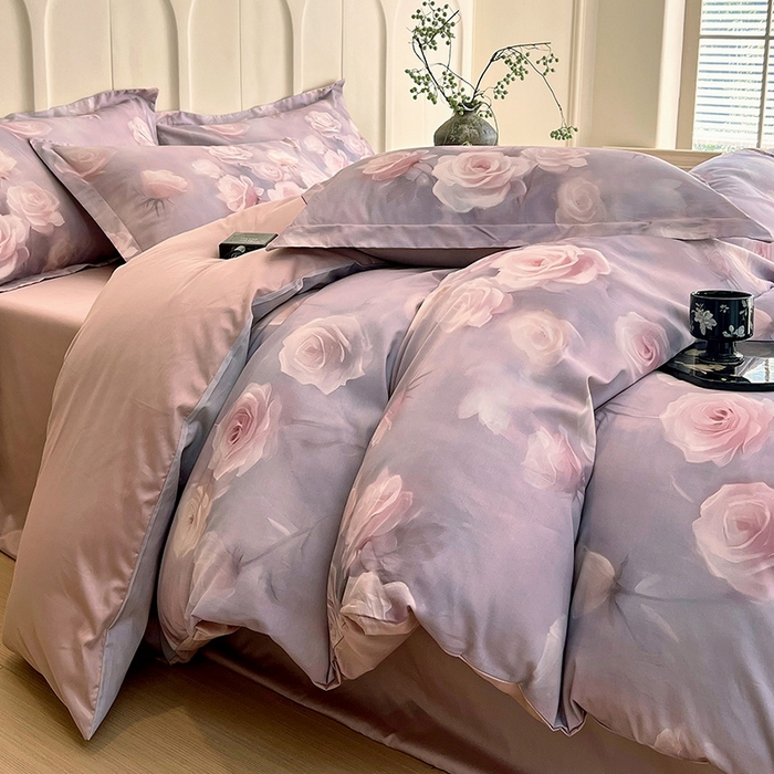 91家纺网 家纺一手货源 找家纺 悦织湾家纺 2025爆款上新【全棉60S长绒棉】100%全棉60S长绒棉四件套纯棉印花床上用品34件套轻奢北欧公主风 韵彩-紫