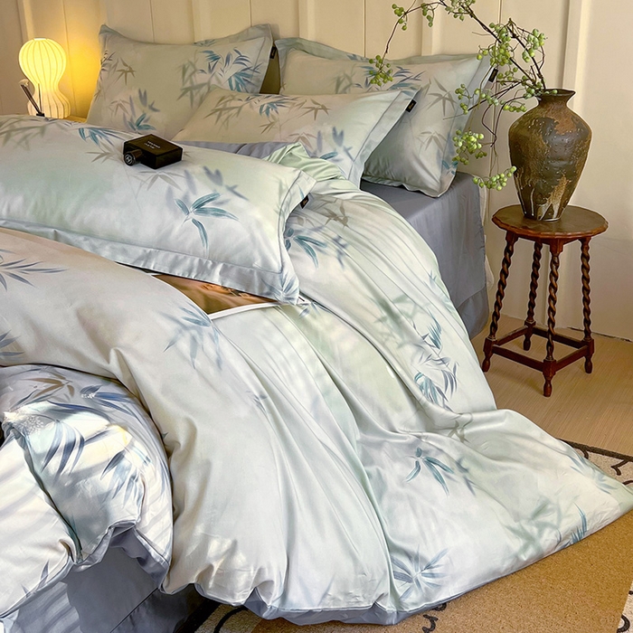 91家纺网 家纺一手货源 找家纺 悦织湾家纺 2025爆款上新【全棉60S长绒棉】100%全棉60S长绒棉四件套纯棉印花床上用品34件套轻奢北欧公主风 竹影诗叶