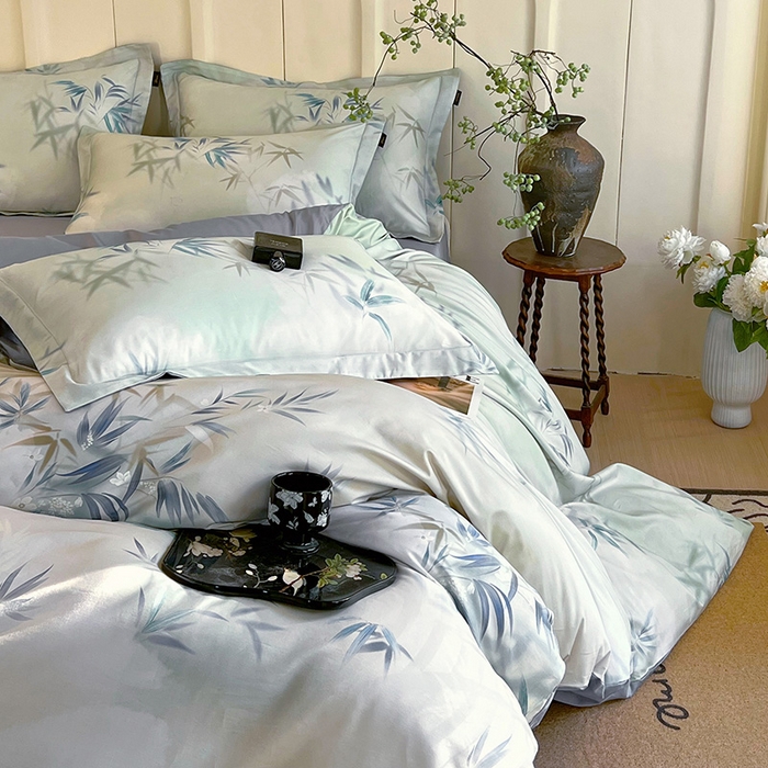 91家纺网 家纺一手货源 找家纺 悦织湾家纺 2025爆款上新【全棉60S长绒棉】100%全棉60S长绒棉四件套纯棉印花床上用品34件套轻奢北欧公主风 竹影诗叶