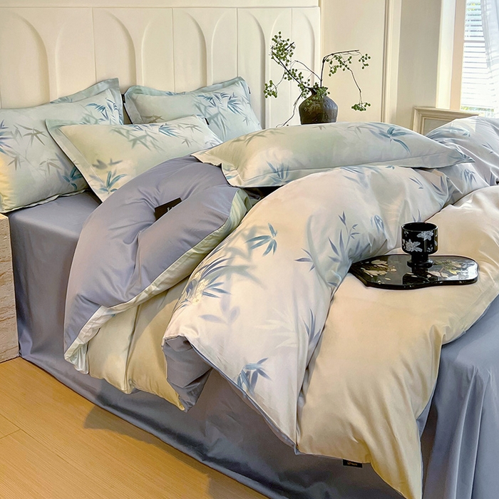 91家纺网 家纺一手货源 找家纺 悦织湾家纺 2025爆款上新【全棉60S长绒棉】100%全棉60S长绒棉四件套纯棉印花床上用品34件套轻奢北欧公主风 竹影诗叶