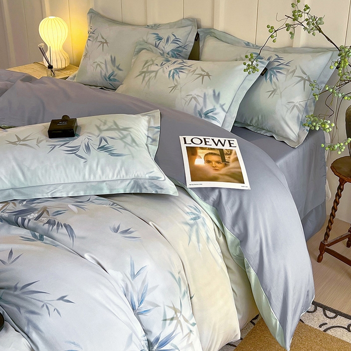 91家纺网 家纺一手货源 找家纺 悦织湾家纺 2025爆款上新【全棉60S长绒棉】100%全棉60S长绒棉四件套纯棉印花床上用品34件套轻奢北欧公主风 竹影诗叶