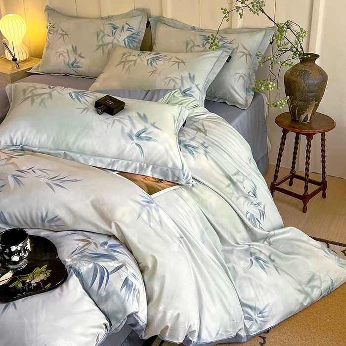 91家纺网 家纺一手货源 找家纺 悦织湾家纺 2025爆款上新【全棉60S长绒棉】100%全棉60S长绒棉四件套纯棉印花床上用品34件套轻奢北欧公主风 竹影诗叶