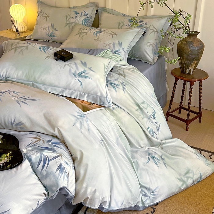 91家纺网 家纺一手货源 找家纺 悦织湾家纺 2025爆款上新【全棉60S长绒棉】100%全棉60S长绒棉四件套纯棉印花床上用品34件套轻奢北欧公主风 竹影诗叶