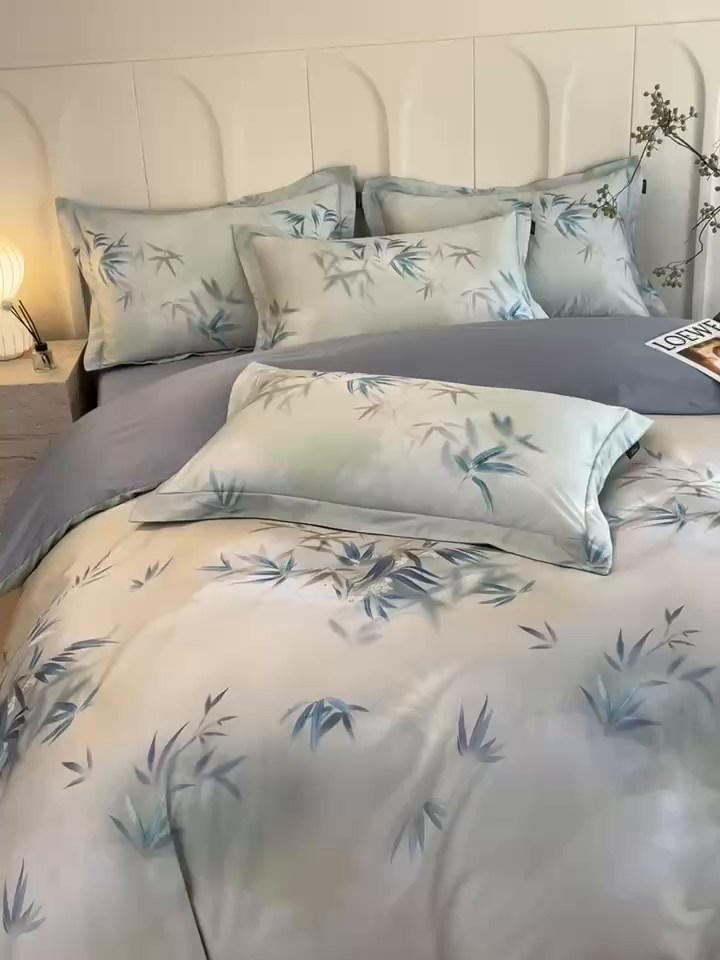 91家纺网 家纺一手货源 找家纺 悦织湾家纺 2025爆款上新【全棉60S长绒棉】100%全棉60S长绒棉四件套纯棉印花床上用品34件套轻奢北欧公主风 竹影诗叶