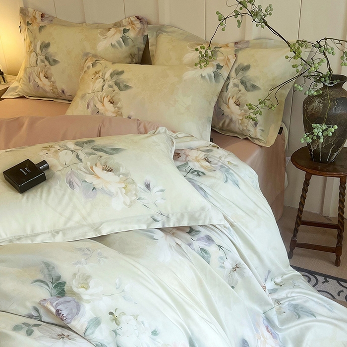 91家纺网 家纺一手货源 找家纺 悦织湾家纺 2025爆款上新【全棉60S长绒棉】100%全棉60S长绒棉四件套纯棉印花床上用品34件套轻奢北欧公主风 清爽海盐