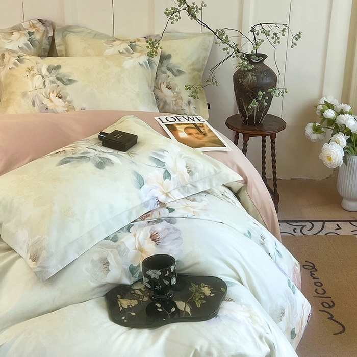 91家纺网 家纺一手货源 找家纺 悦织湾家纺 2025爆款上新【全棉60S长绒棉】100%全棉60S长绒棉四件套纯棉印花床上用品34件套轻奢北欧公主风 清爽海盐