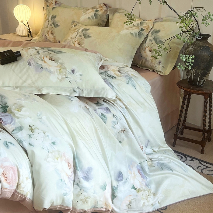 91家纺网 家纺一手货源 找家纺 悦织湾家纺 2025爆款上新【全棉60S长绒棉】100%全棉60S长绒棉四件套纯棉印花床上用品34件套轻奢北欧公主风 清爽海盐