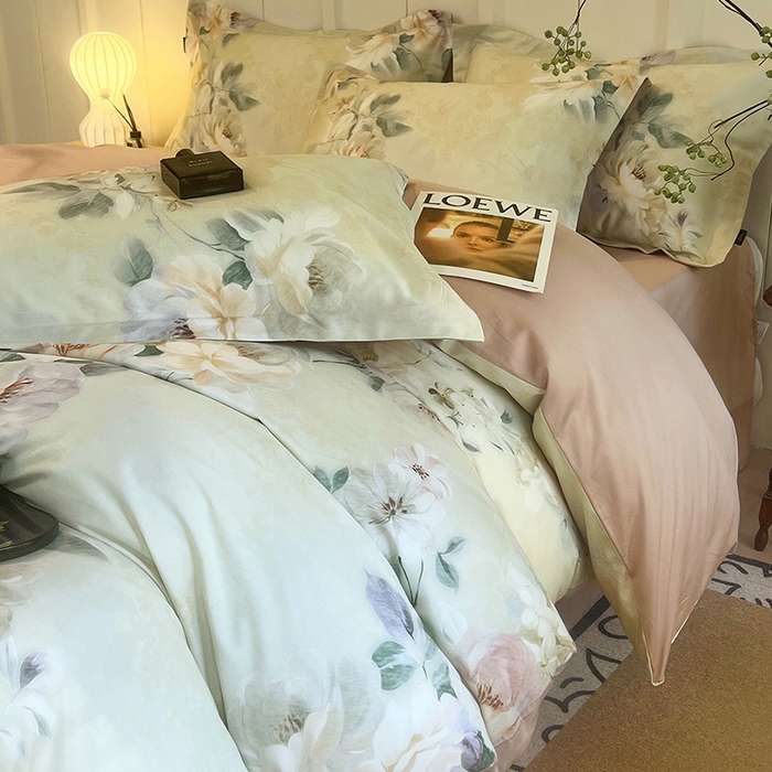 91家纺网 家纺一手货源 找家纺 悦织湾家纺 2025爆款上新【全棉60S长绒棉】100%全棉60S长绒棉四件套纯棉印花床上用品34件套轻奢北欧公主风 清爽海盐