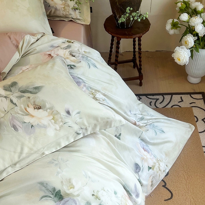 91家纺网 家纺一手货源 找家纺 悦织湾家纺 2025爆款上新【全棉60S长绒棉】100%全棉60S长绒棉四件套纯棉印花床上用品34件套轻奢北欧公主风 清爽海盐