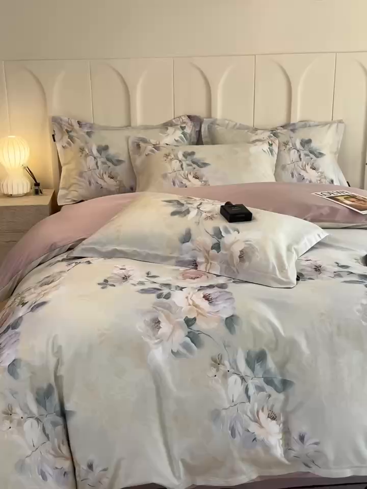 91家纺网 家纺一手货源 找家纺 悦织湾家纺 2025爆款上新【全棉60S长绒棉】100%全棉60S长绒棉四件套纯棉印花床上用品34件套轻奢北欧公主风 清爽海盐