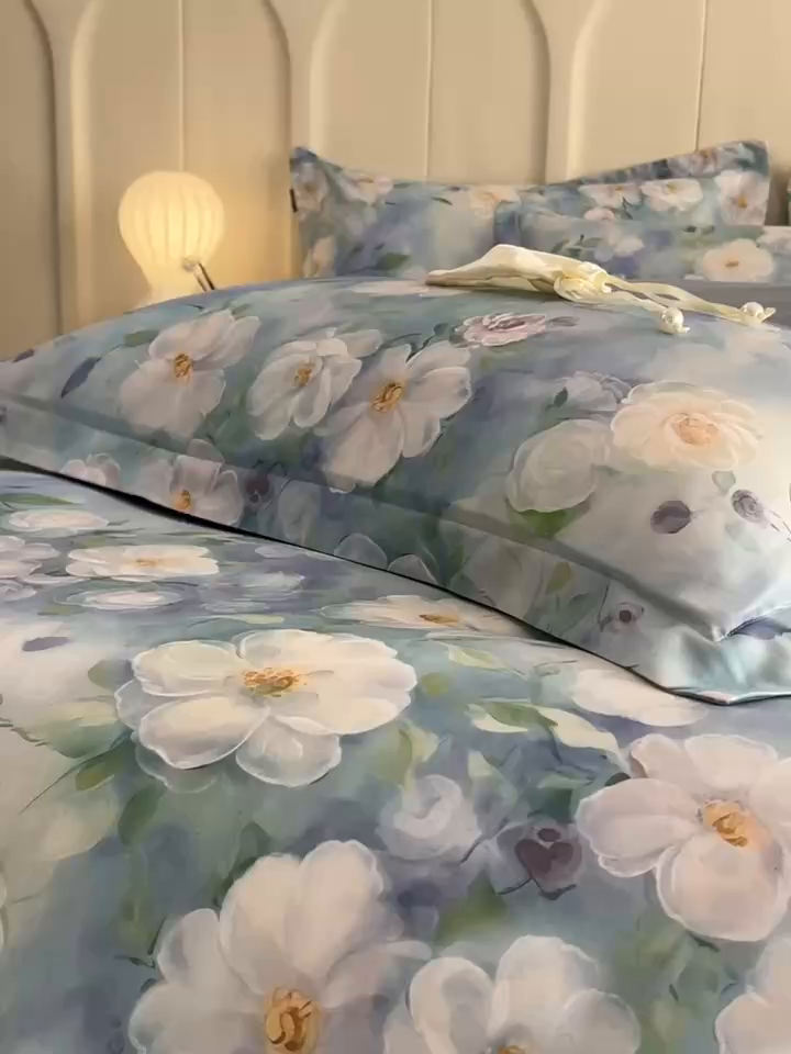 91家纺网 家纺一手货源 找家纺 悦织湾家纺 2025爆款上新【全棉60S长绒棉】100%全棉60S长绒棉四件套纯棉印花床上用品34件套轻奢北欧公主风 烟雨蒙蒙-绿
