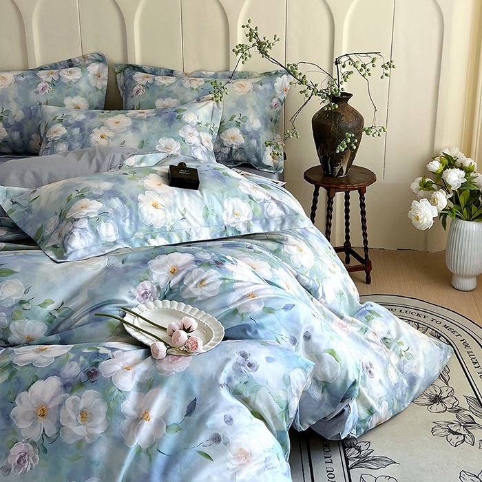 91家纺网 家纺一手货源 找家纺 悦织湾家纺 2025爆款上新【全棉60S长绒棉】100%全棉60S长绒棉四件套纯棉印花床上用品34件套轻奢北欧公主风 烟雨蒙蒙-绿