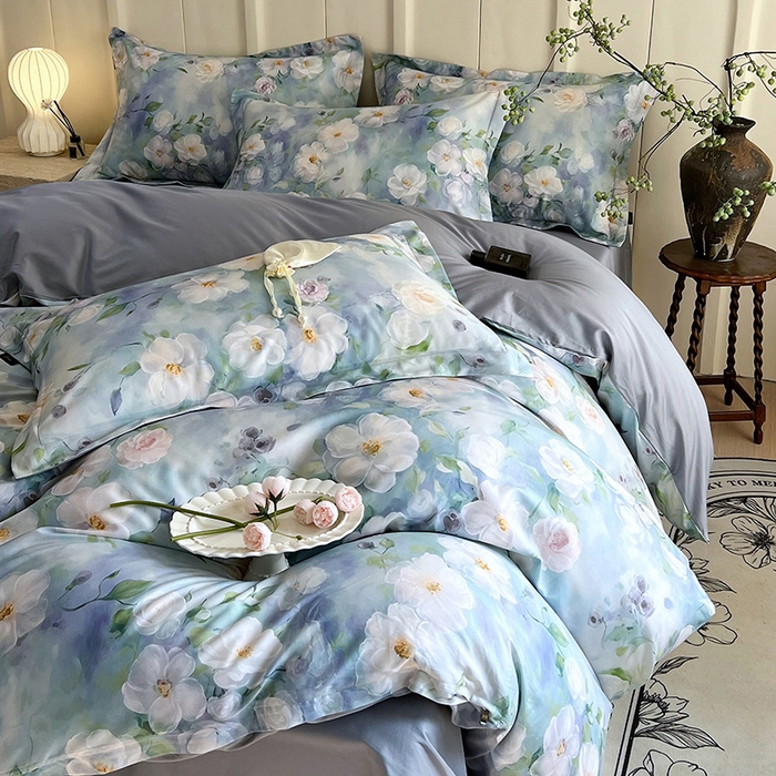 91家纺网 家纺一手货源 找家纺 悦织湾家纺 2025爆款上新【全棉60S长绒棉】100%全棉60S长绒棉四件套纯棉印花床上用品34件套轻奢北欧公主风 烟雨蒙蒙-绿