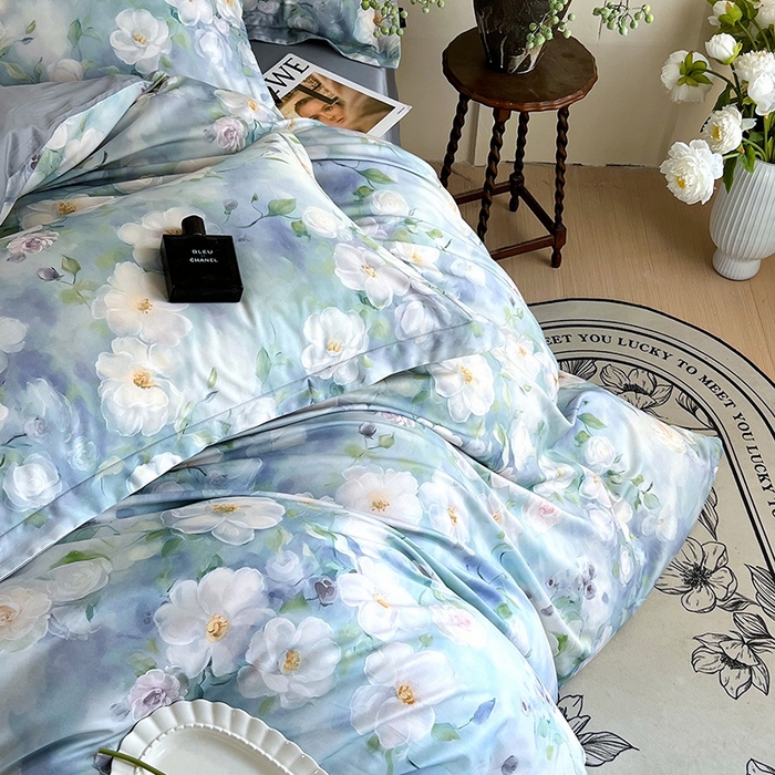 91家纺网 家纺一手货源 找家纺 悦织湾家纺 2025爆款上新【全棉60S长绒棉】100%全棉60S长绒棉四件套纯棉印花床上用品34件套轻奢北欧公主风 烟雨蒙蒙-绿