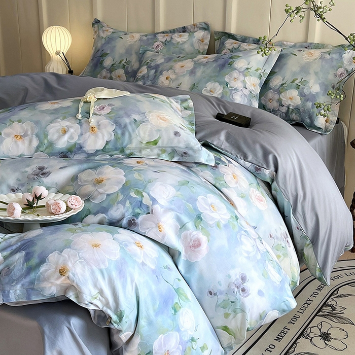 91家纺网 家纺一手货源 找家纺 悦织湾家纺 2025爆款上新【全棉60S长绒棉】100%全棉60S长绒棉四件套纯棉印花床上用品34件套轻奢北欧公主风 烟雨蒙蒙-绿