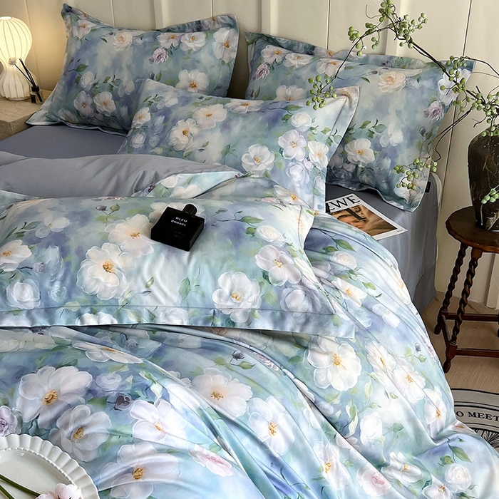 91家纺网 家纺一手货源 找家纺 悦织湾家纺 2025爆款上新【全棉60S长绒棉】100%全棉60S长绒棉四件套纯棉印花床上用品34件套轻奢北欧公主风 烟雨蒙蒙-绿