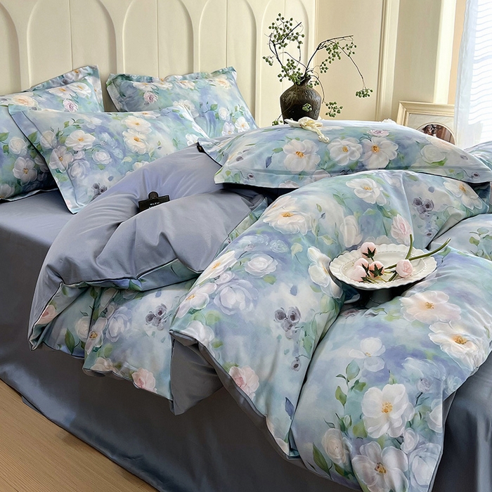 91家纺网 家纺一手货源 找家纺 悦织湾家纺 2025爆款上新【全棉60S长绒棉】100%全棉60S长绒棉四件套纯棉印花床上用品34件套轻奢北欧公主风 烟雨蒙蒙-绿