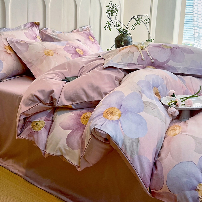 91家纺网 家纺一手货源 找家纺 悦织湾家纺 2025爆款上新【全棉60S长绒棉】100%全棉60S长绒棉四件套纯棉印花床上用品34件套轻奢北欧公主风 雅韵-紫