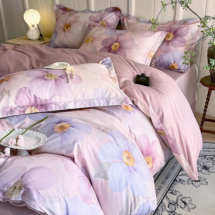 91家纺网 家纺一手货源 找家纺 悦织湾家纺 2025爆款上新【全棉60S长绒棉】100%全棉60S长绒棉四件套纯棉印花床上用品34件套轻奢北欧公主风 雅韵-紫