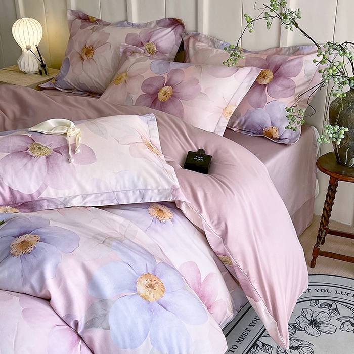 91家纺网 家纺一手货源 找家纺 悦织湾家纺 2025爆款上新【全棉60S长绒棉】100%全棉60S长绒棉四件套纯棉印花床上用品34件套轻奢北欧公主风 雅韵-紫