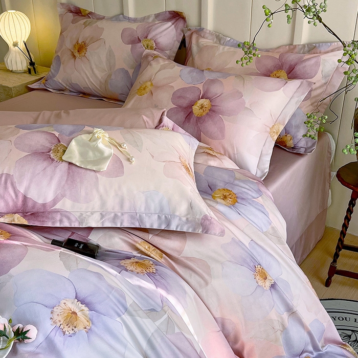 91家纺网 家纺一手货源 找家纺 悦织湾家纺 2025爆款上新【全棉60S长绒棉】100%全棉60S长绒棉四件套纯棉印花床上用品34件套轻奢北欧公主风 雅韵-紫