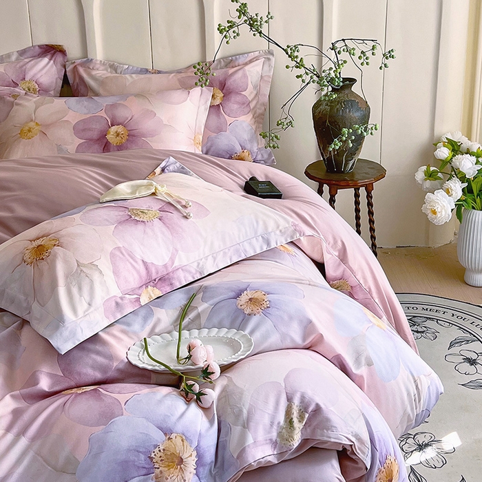 91家纺网 家纺一手货源 找家纺 悦织湾家纺 2025爆款上新【全棉60S长绒棉】100%全棉60S长绒棉四件套纯棉印花床上用品34件套轻奢北欧公主风 雅韵-紫