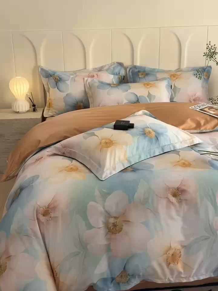 91家纺网 家纺一手货源 找家纺 悦织湾家纺 2025爆款上新【全棉60S长绒棉】100%全棉60S长绒棉四件套纯棉印花床上用品34件套轻奢北欧公主风 雅韵-蓝