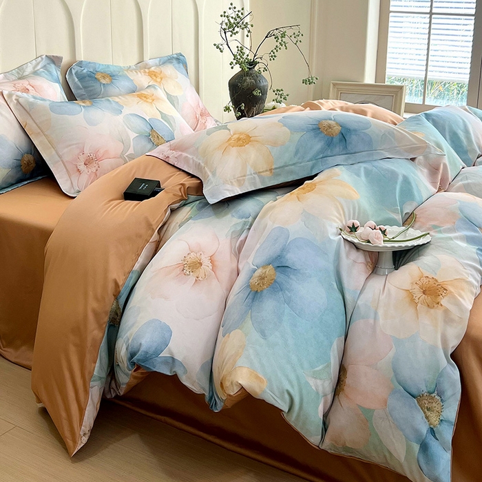 91家纺网 家纺一手货源 找家纺 悦织湾家纺 2025爆款上新【全棉60S长绒棉】100%全棉60S长绒棉四件套纯棉印花床上用品34件套轻奢北欧公主风 雅韵-蓝