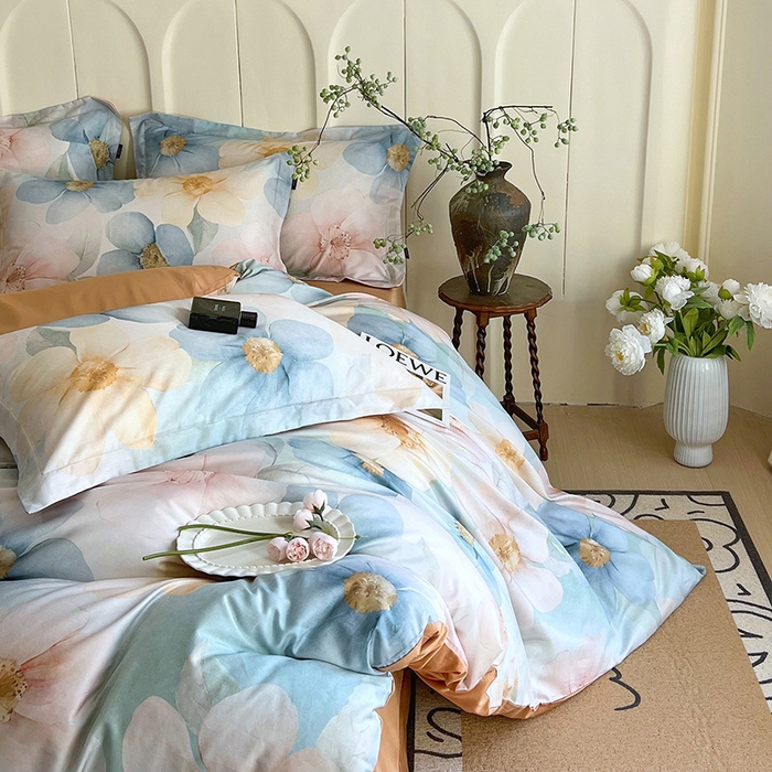 91家纺网 家纺一手货源 找家纺 悦织湾家纺 2025爆款上新【全棉60S长绒棉】100%全棉60S长绒棉四件套纯棉印花床上用品34件套轻奢北欧公主风 雅韵-蓝