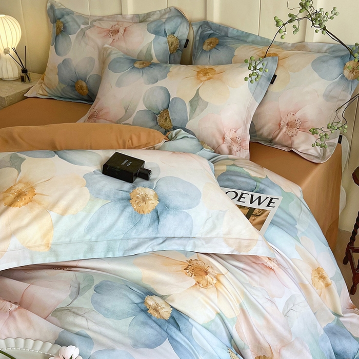 91家纺网 家纺一手货源 找家纺 悦织湾家纺 2025爆款上新【全棉60S长绒棉】100%全棉60S长绒棉四件套纯棉印花床上用品34件套轻奢北欧公主风 雅韵-蓝