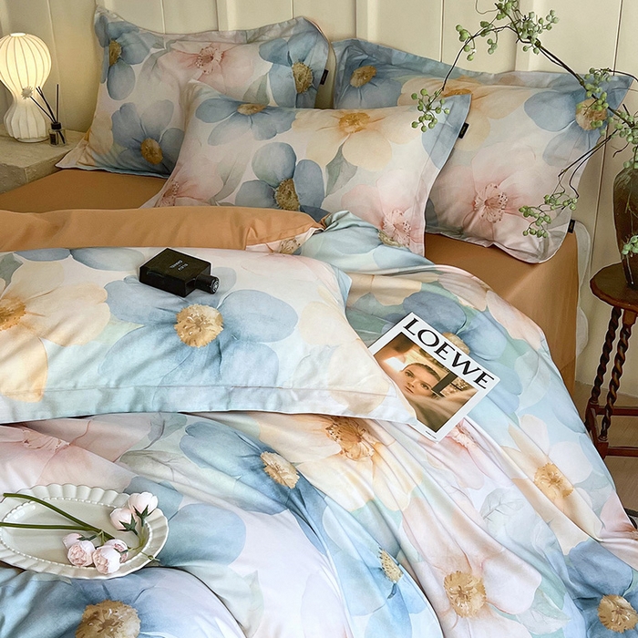 91家纺网 家纺一手货源 找家纺 悦织湾家纺 2025爆款上新【全棉60S长绒棉】100%全棉60S长绒棉四件套纯棉印花床上用品34件套轻奢北欧公主风 雅韵-蓝