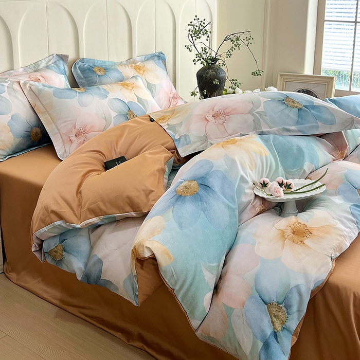 91家纺网 家纺一手货源 找家纺 悦织湾家纺 2025爆款上新【全棉60S长绒棉】100%全棉60S长绒棉四件套纯棉印花床上用品34件套轻奢北欧公主风 雅韵-蓝