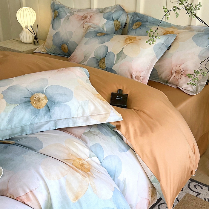 91家纺网 家纺一手货源 找家纺 悦织湾家纺 2025爆款上新【全棉60S长绒棉】100%全棉60S长绒棉四件套纯棉印花床上用品34件套轻奢北欧公主风 雅韵-蓝