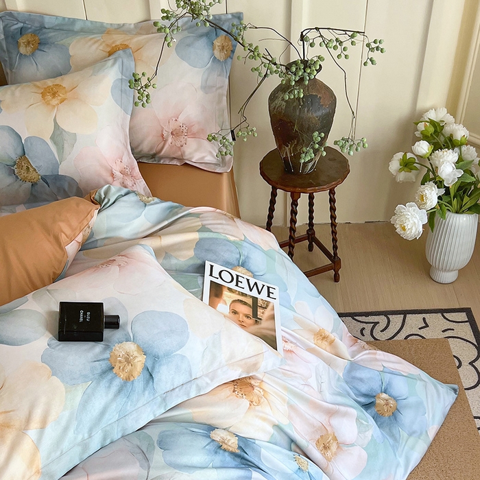 91家纺网 家纺一手货源 找家纺 悦织湾家纺 2025爆款上新【全棉60S长绒棉】100%全棉60S长绒棉四件套纯棉印花床上用品34件套轻奢北欧公主风 雅韵-蓝
