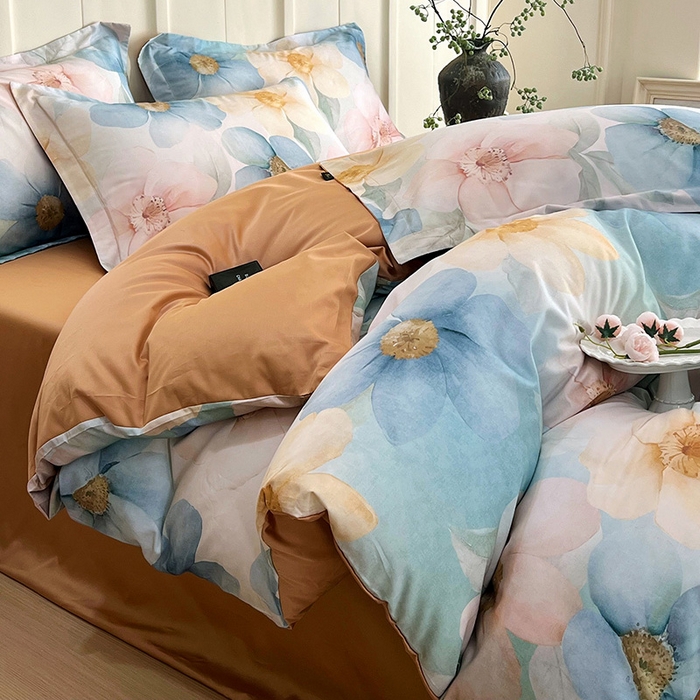 91家纺网 家纺一手货源 找家纺 悦织湾家纺 2025爆款上新【全棉60S长绒棉】100%全棉60S长绒棉四件套纯棉印花床上用品34件套轻奢北欧公主风 雅韵-蓝