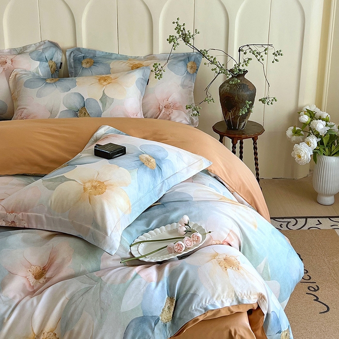 91家纺网 家纺一手货源 找家纺 悦织湾家纺 2025爆款上新【全棉60S长绒棉】100%全棉60S长绒棉四件套纯棉印花床上用品34件套轻奢北欧公主风 雅韵-蓝