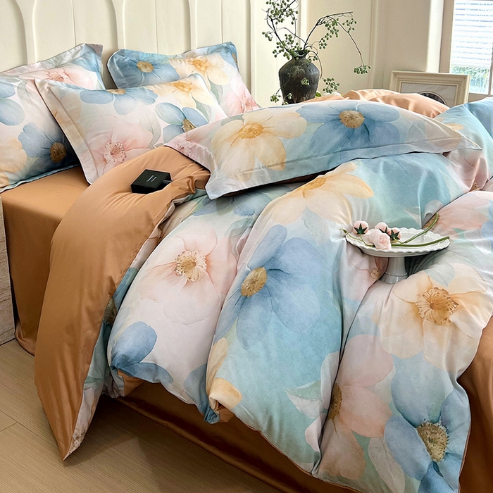 91家纺网 家纺一手货源 找家纺 悦织湾家纺 2025爆款上新【全棉60S长绒棉】100%全棉60S长绒棉四件套纯棉印花床上用品34件套轻奢北欧公主风 雅韵-蓝