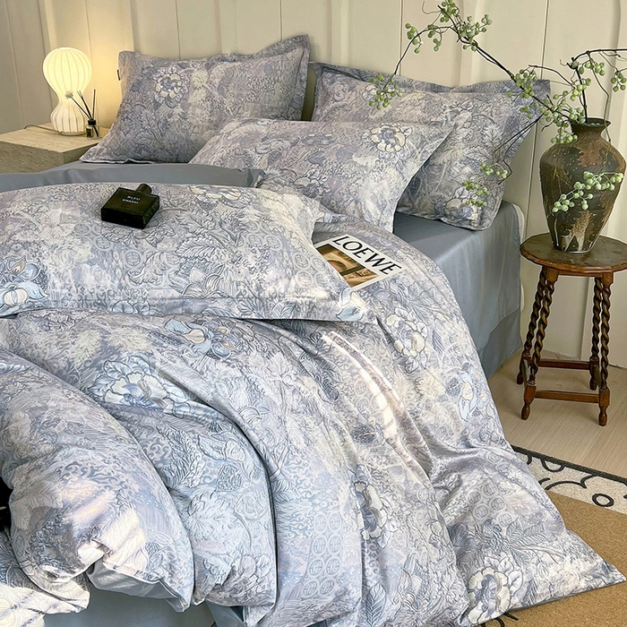 91家纺网 家纺一手货源 找家纺 悦织湾家纺 2025爆款上新【全棉60S长绒棉】100%全棉60S长绒棉四件套纯棉印花床上用品34件套轻奢北欧公主风 魅影-蓝