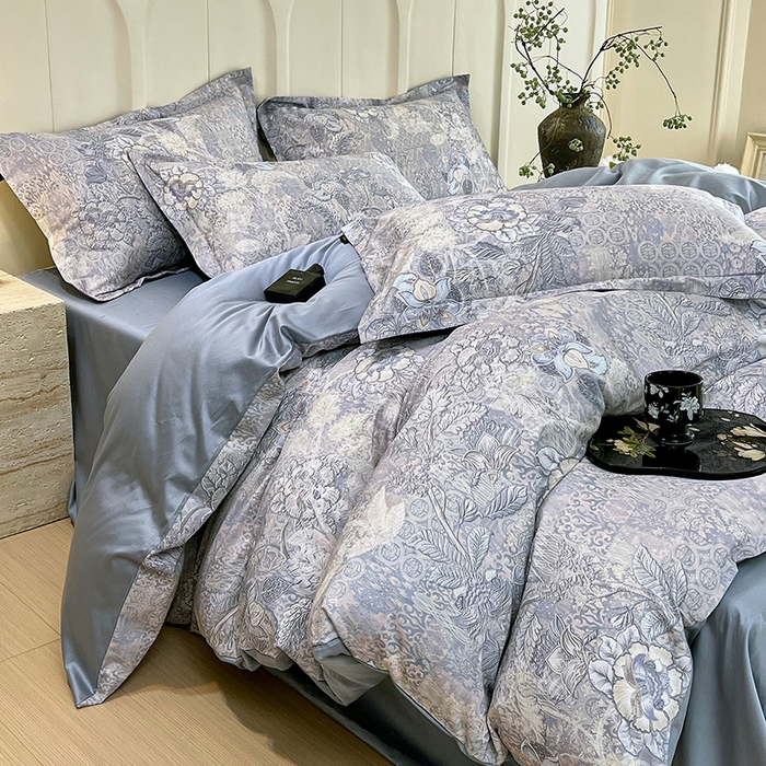 91家纺网 家纺一手货源 找家纺 悦织湾家纺 2025爆款上新【全棉60S长绒棉】100%全棉60S长绒棉四件套纯棉印花床上用品34件套轻奢北欧公主风 魅影-蓝