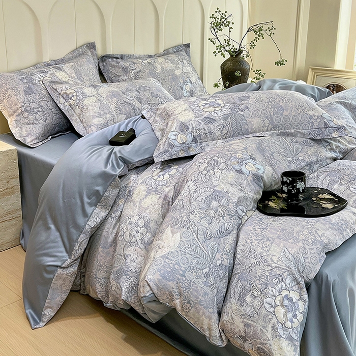 91家纺网 家纺一手货源 找家纺 悦织湾家纺 2025爆款上新【全棉60S长绒棉】100%全棉60S长绒棉四件套纯棉印花床上用品34件套轻奢北欧公主风 魅影-蓝