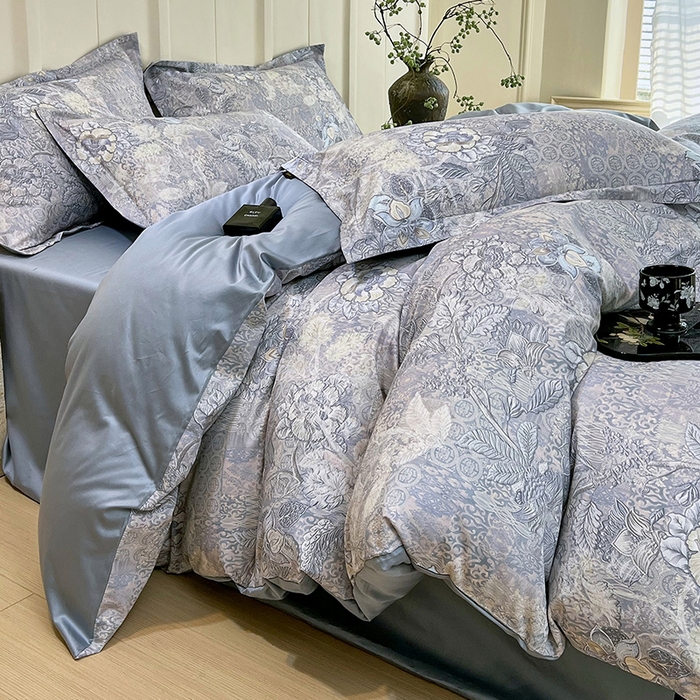 91家纺网 家纺一手货源 找家纺 悦织湾家纺 2025爆款上新【全棉60S长绒棉】100%全棉60S长绒棉四件套纯棉印花床上用品34件套轻奢北欧公主风 魅影-蓝